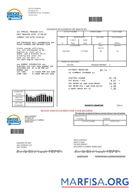 Downloadable USA Florida Seco Energy business utility bill template in Word and PDF formats